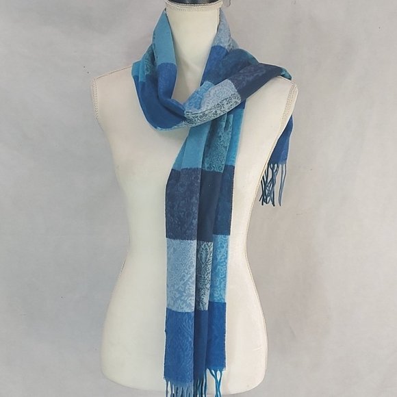 Blue Checkers Paisley Fringe Hem Soft Scarf Wrap Made in Germany D4 - Picture 5 of 6